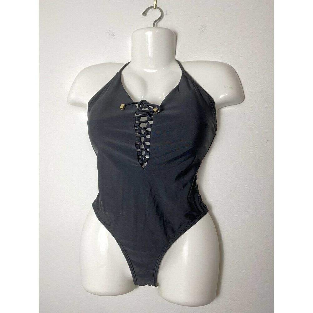 Cabana del‎ Sol Bikini One Piece Sz Small Black Tank Cheeky Lace Up